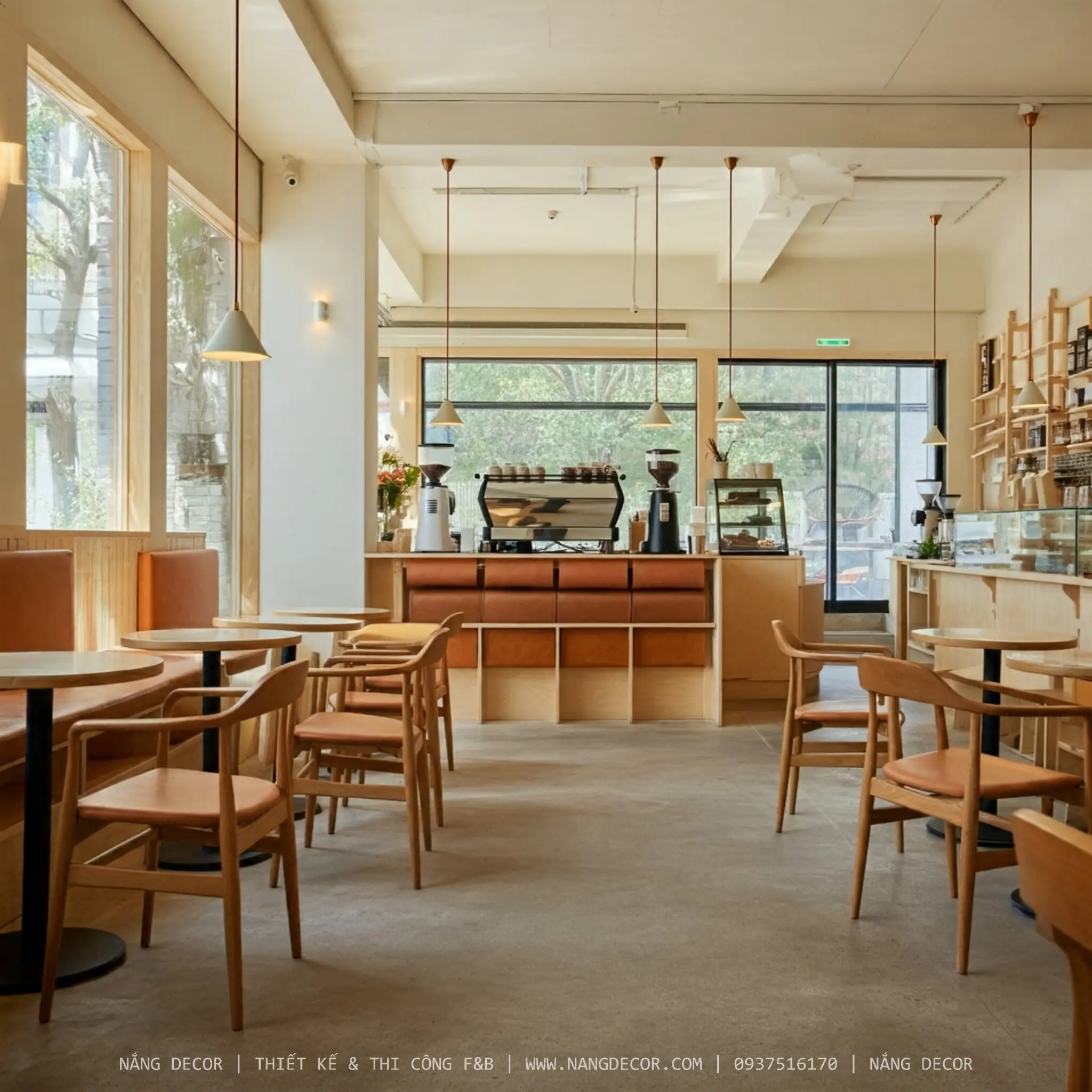Thiết kế quầy bar cafe phong cách tối giản với vật liệu gỗ và bê tông mài.