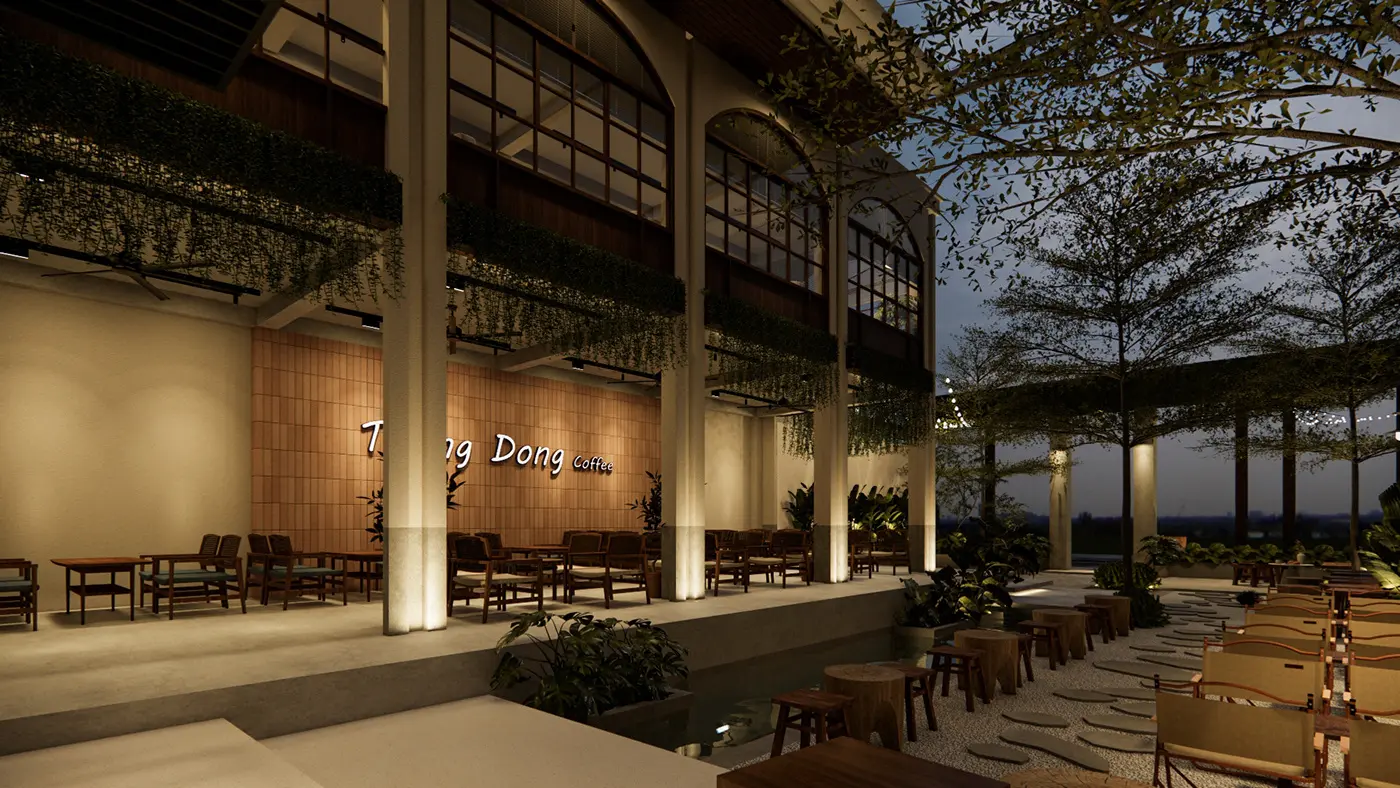 Thiết kế nội thất quán cafe với điểm nhấn là mảng tường gạch thô kiểu Industrial.