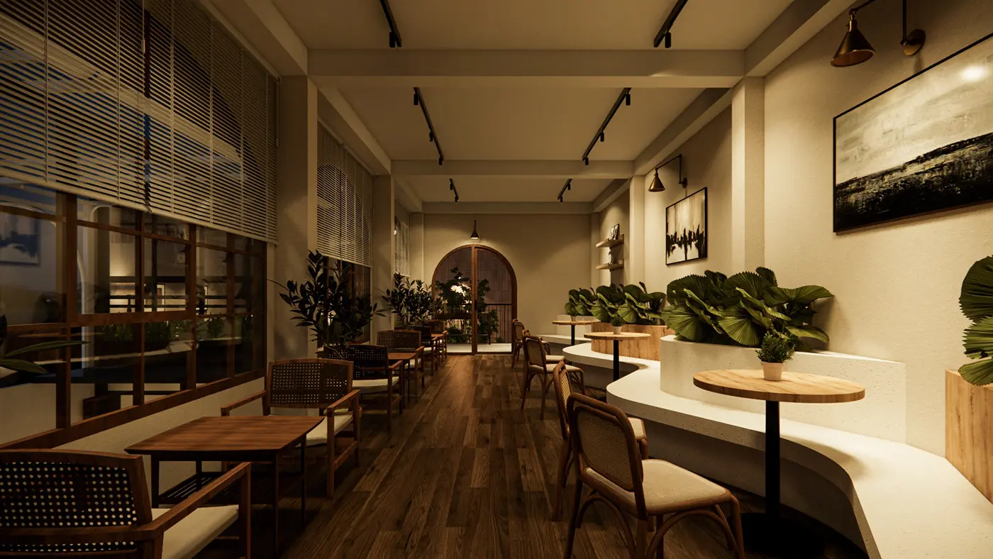 Mặt bằng quán cafe sân vườn với cây xanh và tiểu cảnh thu hút