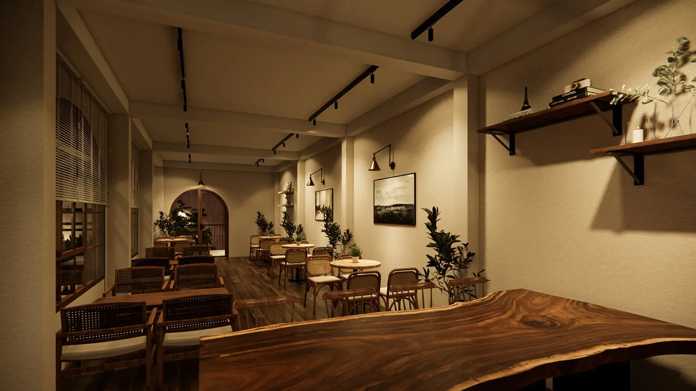 Chi tiết vật liệu gỗ và bê tông trong thiết kế quán cafe tối giản.