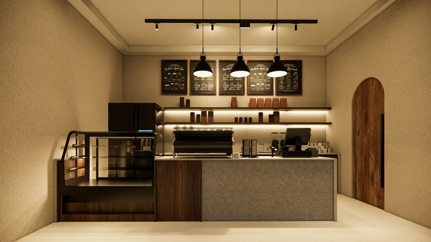 Quầy bar trong một thiết kế quán cafe nhỏ được bố trí gọn gàng và đầy đủ công năng.