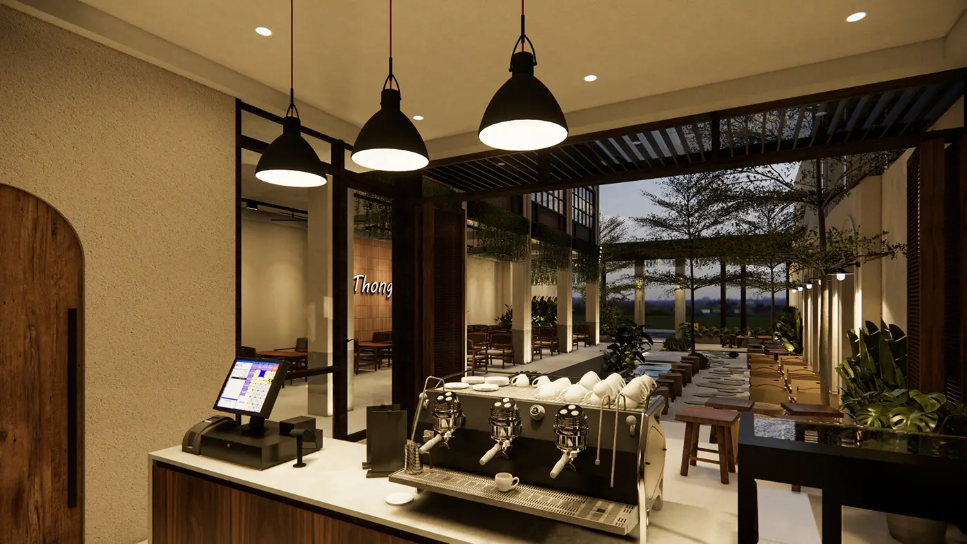 Thiết kế trần quán cafe đẹp bằng thạch cao giật cấp hiện đại