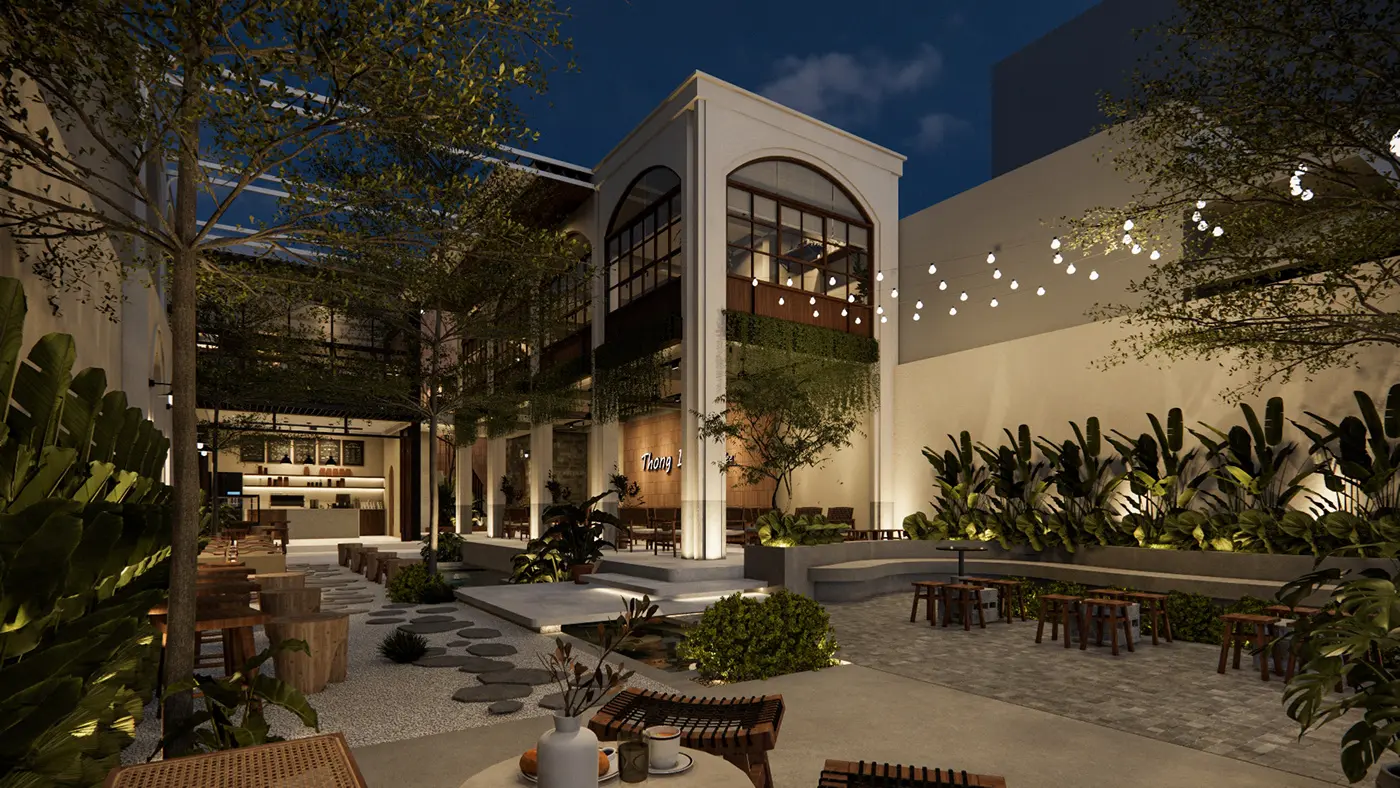 Nội thất quán cafe 2 tầng phong cách industrial với tường gạch thô và bàn ghế gỗ.