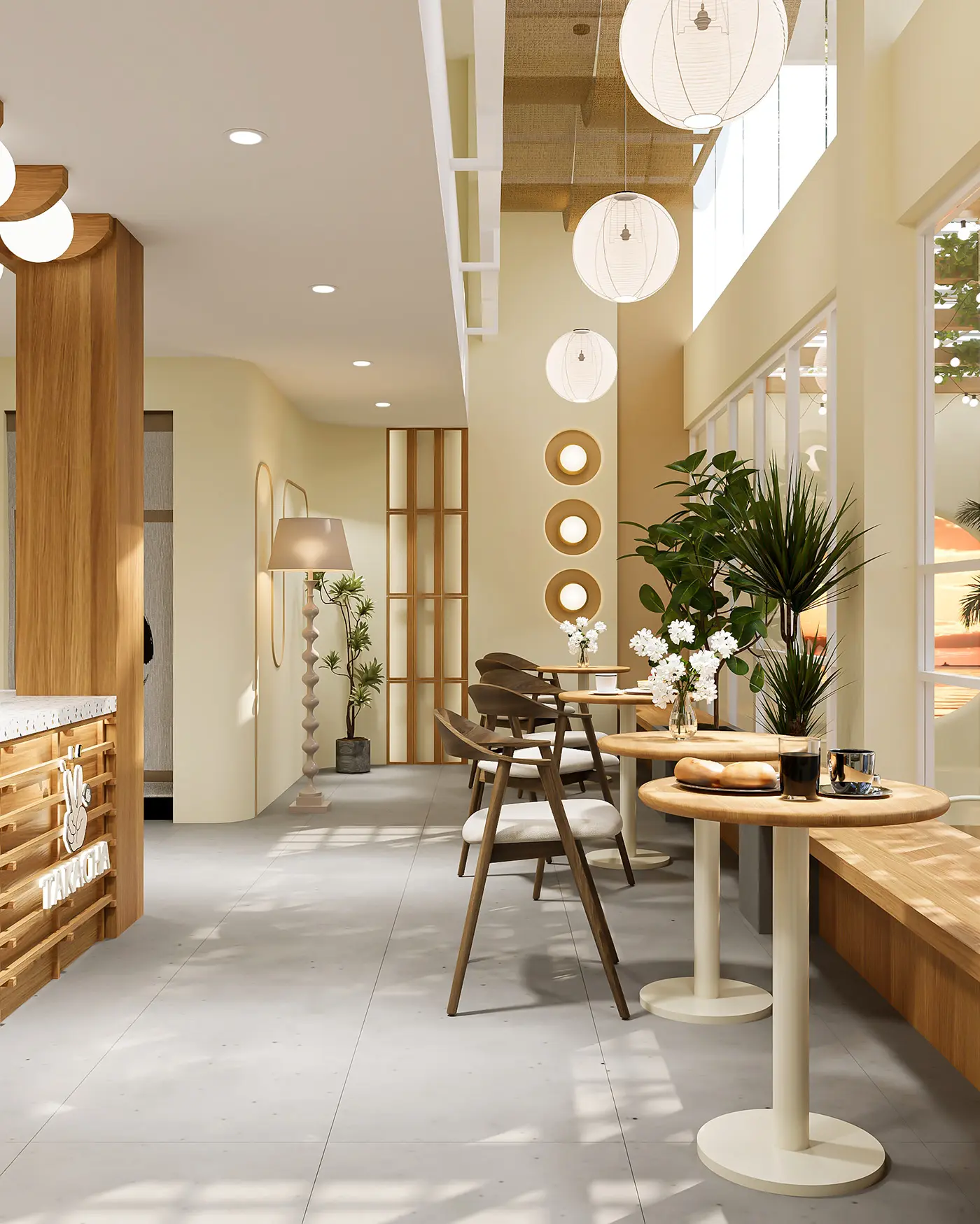 Mẫu thiết kế quán cafe 2 tầng hiện đại với mặt tiền kính ấn tượng thu hút khách hàng.