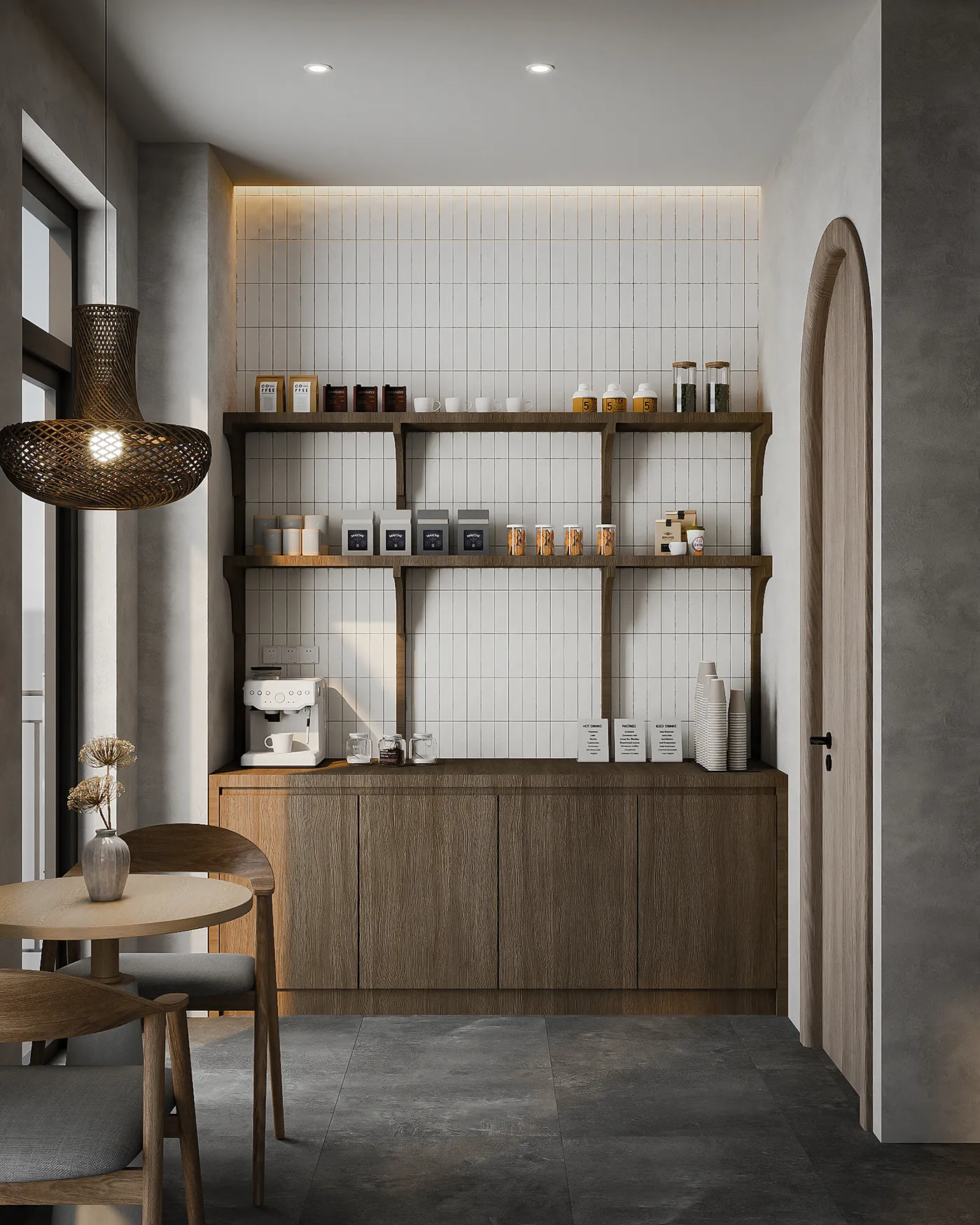 Quầy bar quán cà phê được thiết kế chuyên nghiệp và tiện nghi.