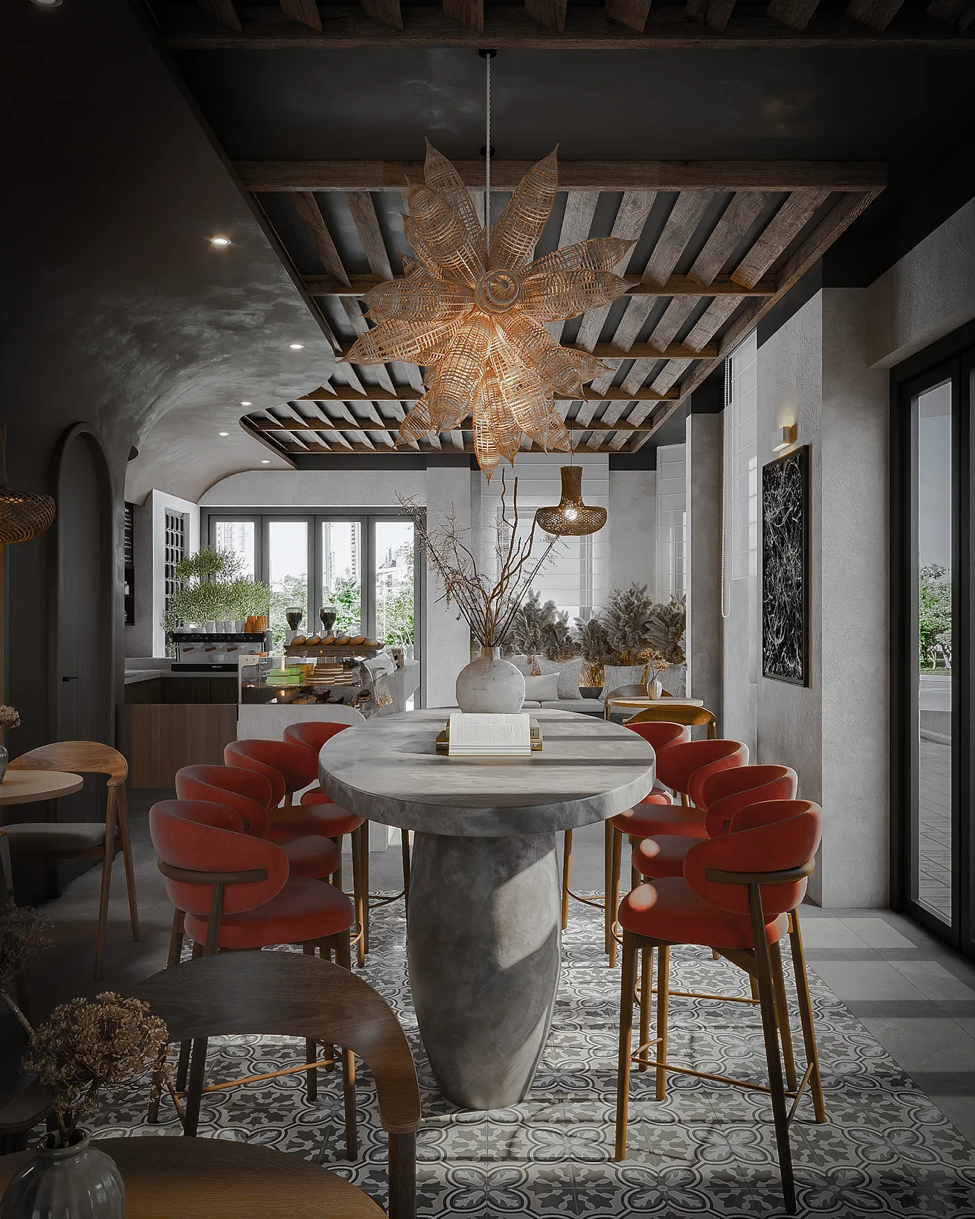 Không gian nội thất quán cafe tiền chế phong cách industrial ấn tượng.