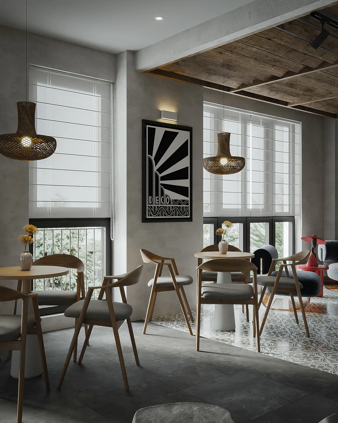 Phối cảnh 3D chi tiết của một không gian quán cafe hiện đại.