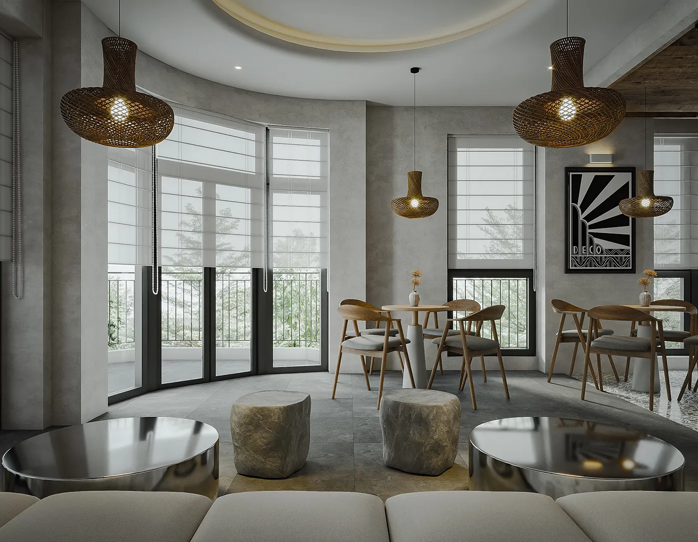 Mẫu thiết kế quán cafe 2 tầng đẹp với mặt tiền kính ấn tượng thu hút.