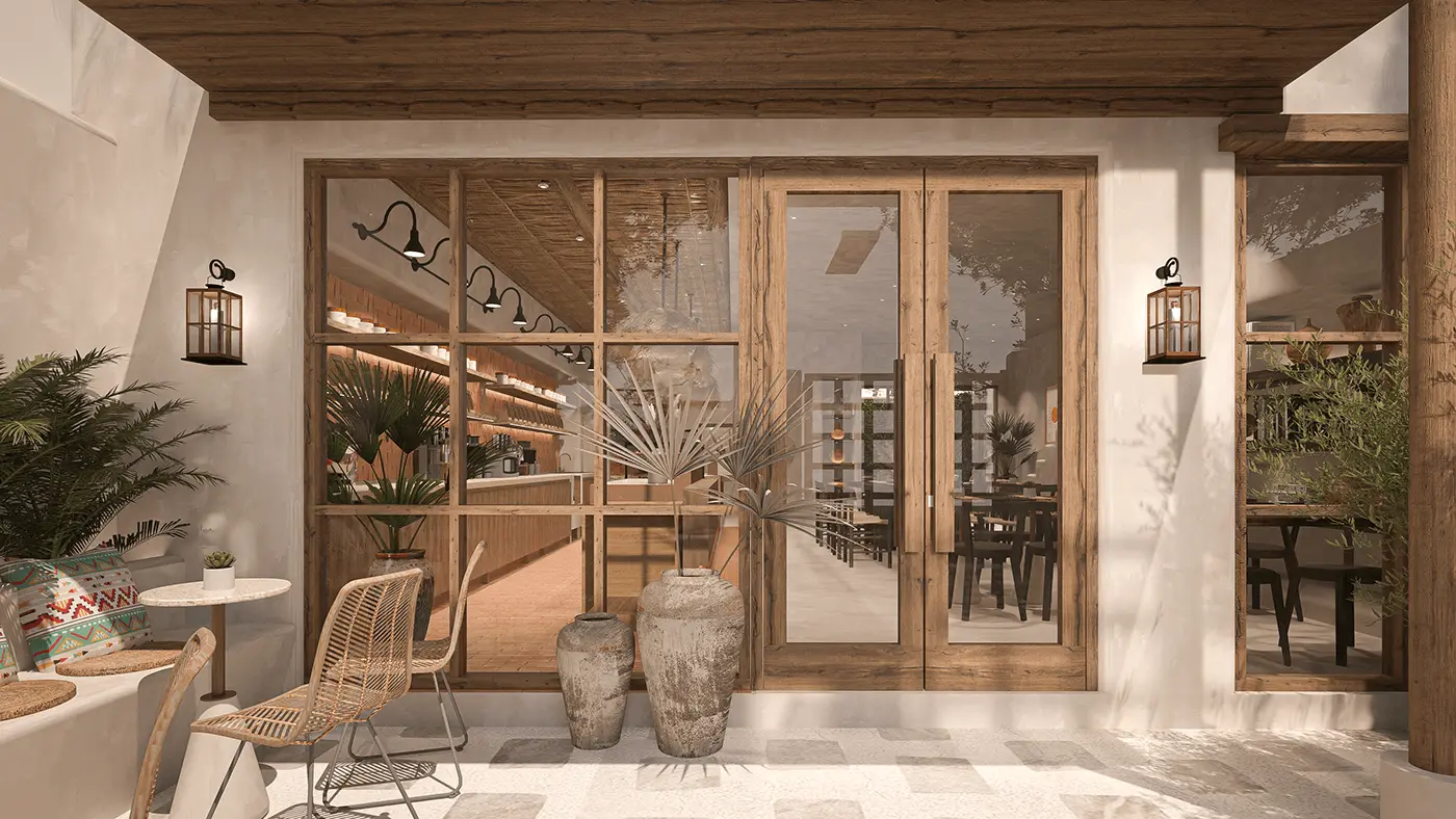 Không gian quán cafe phong cách industrial với tường gạch thô và nội thất gỗ.