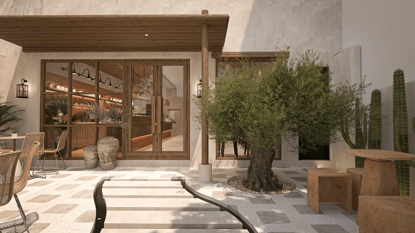 Không gian quán cafe hiện đại với nội thất gỗ và cây xanh do Nắng Decor thiết kế.