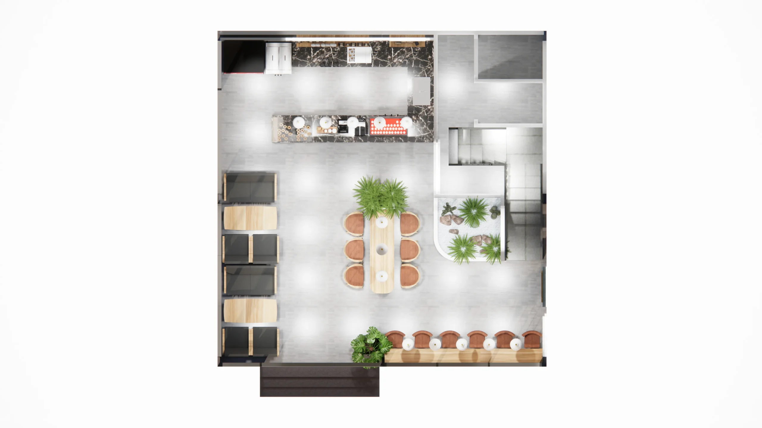 Chi tiết trang trí bằng đèn và vật liệu thô mộc trong một quán cafe hiện đại.
