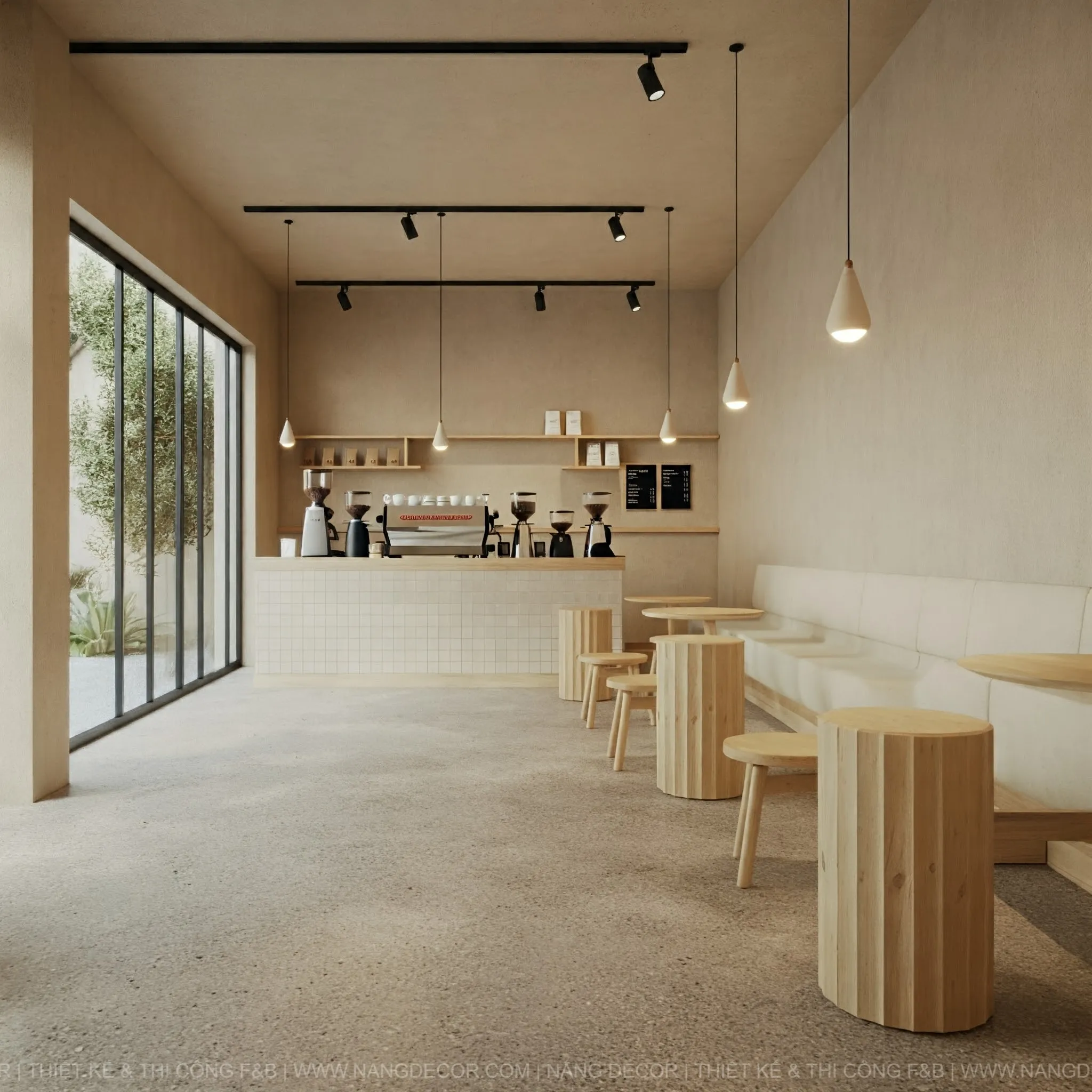 Nội thất gỗ và sắt mỹ thuật trong một quán cafe sân vườn nhỏ phong cách rustic.