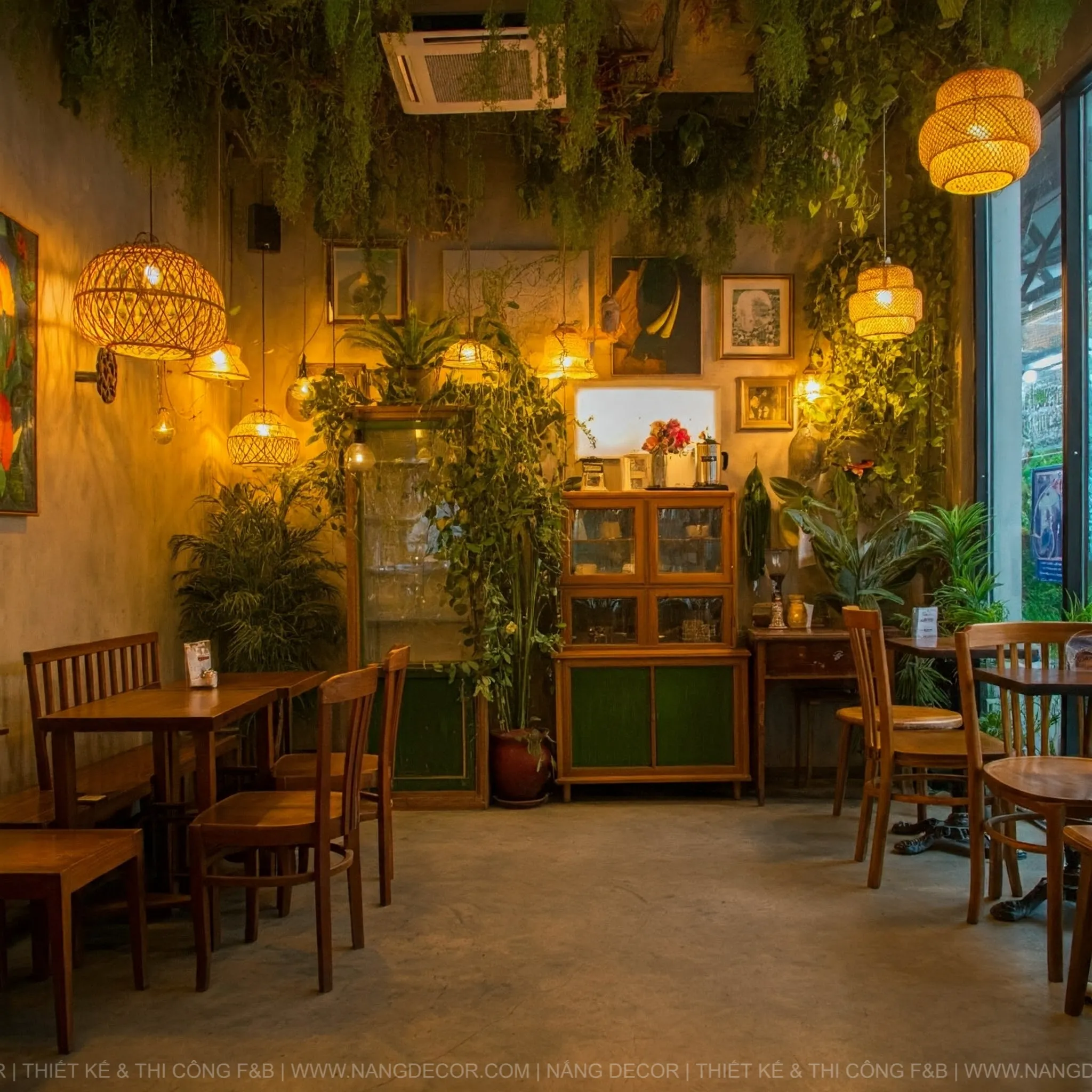 Không gian bên trong một quán cafe tiền chế đẹp do Nắng Decor thiết kế.