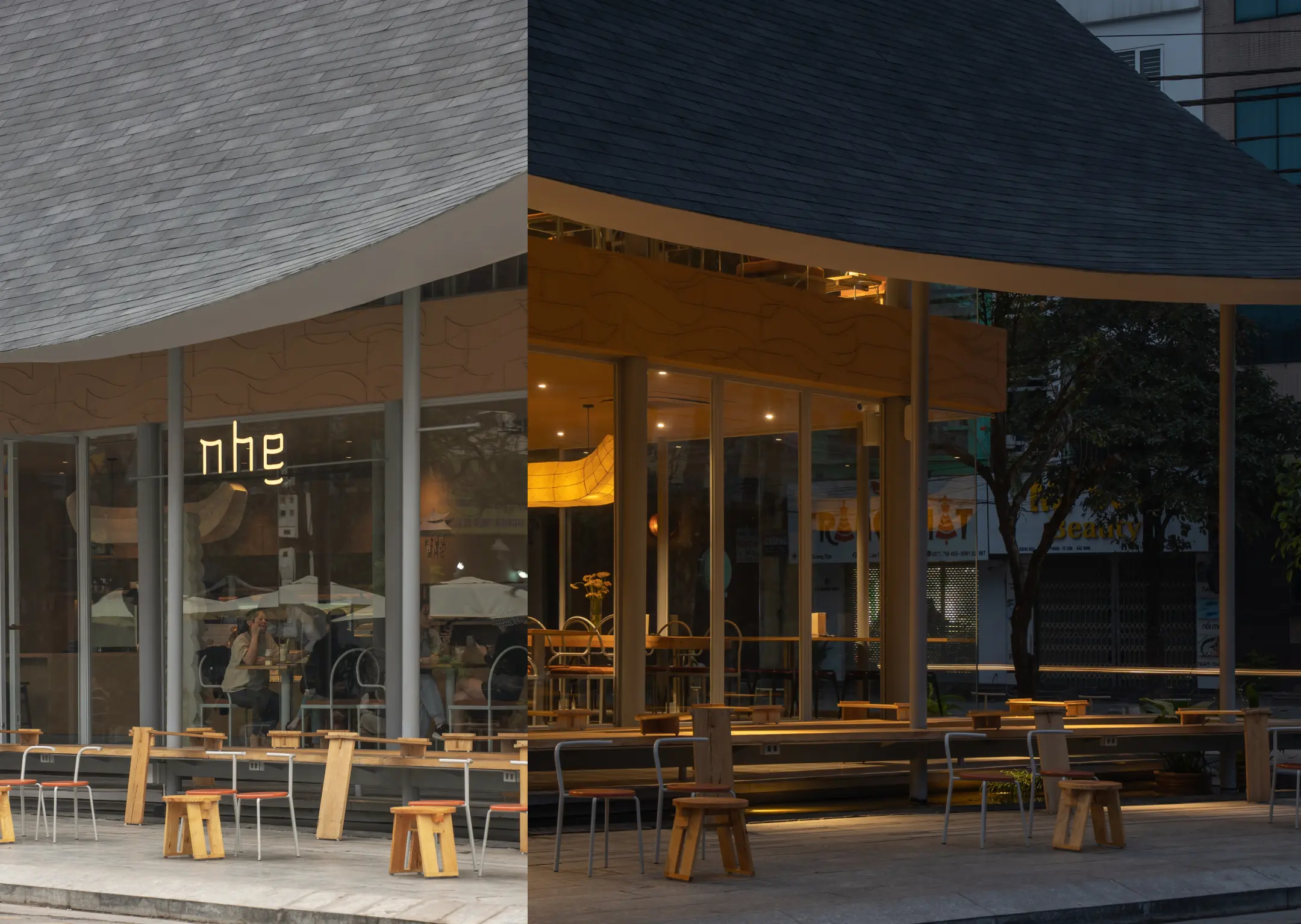 Không gian cafe sân vườn thoáng đãng với cây cảnh và ánh sáng lung linh