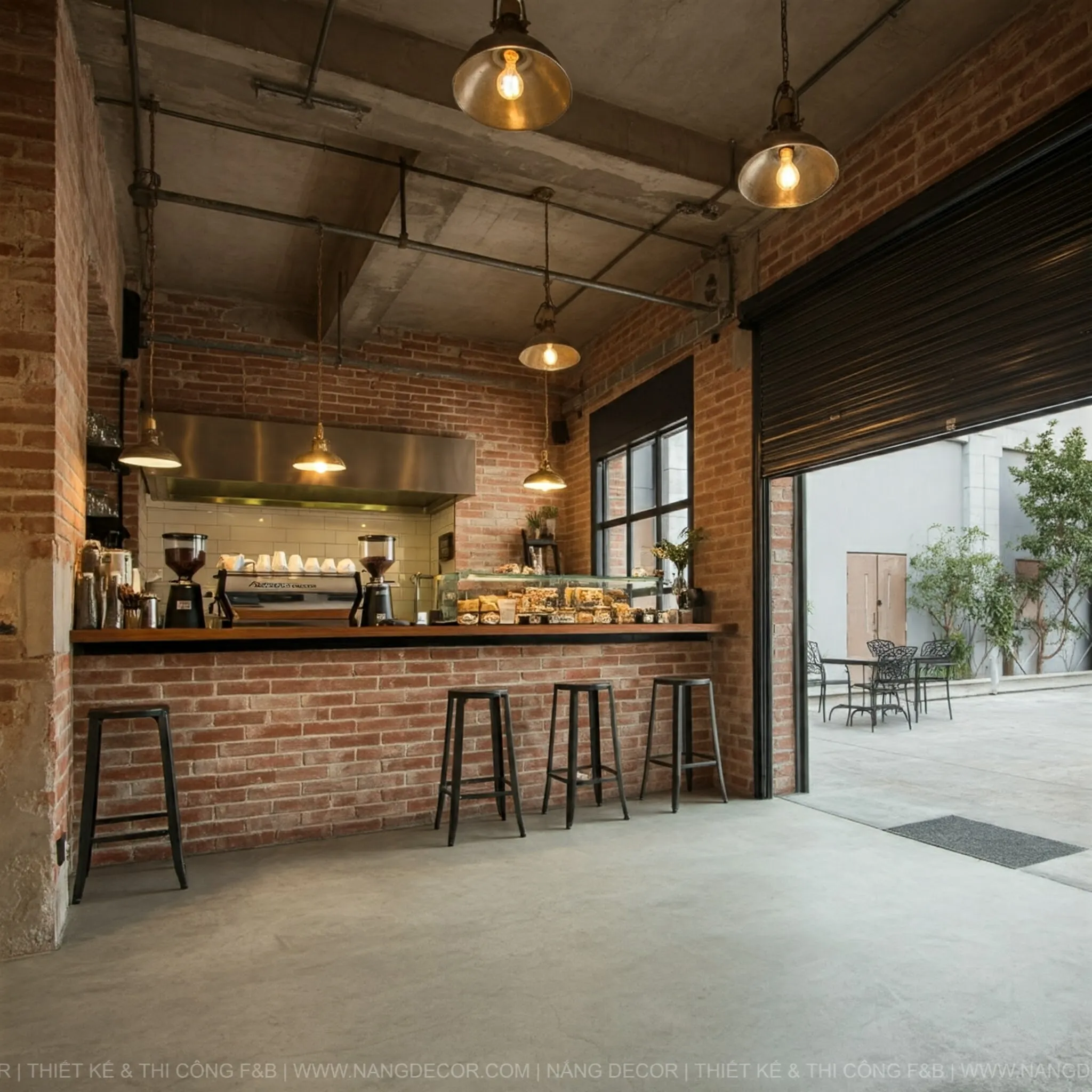 Ý tưởng trang trí quán cafe sân vườn với đèn chiếu sáng lung linh buổi tối.
