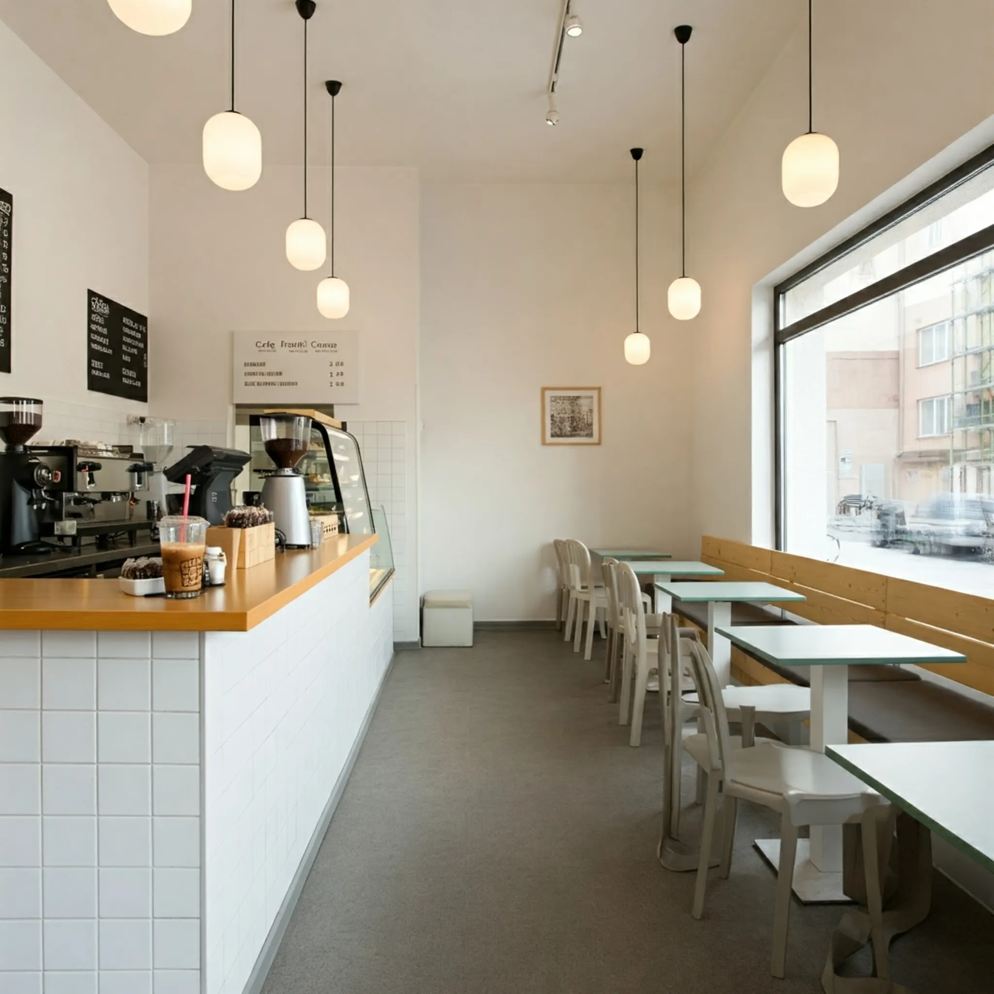 Không gian quầy cafe tối giản với tông màu trắng và gỗ sáng.