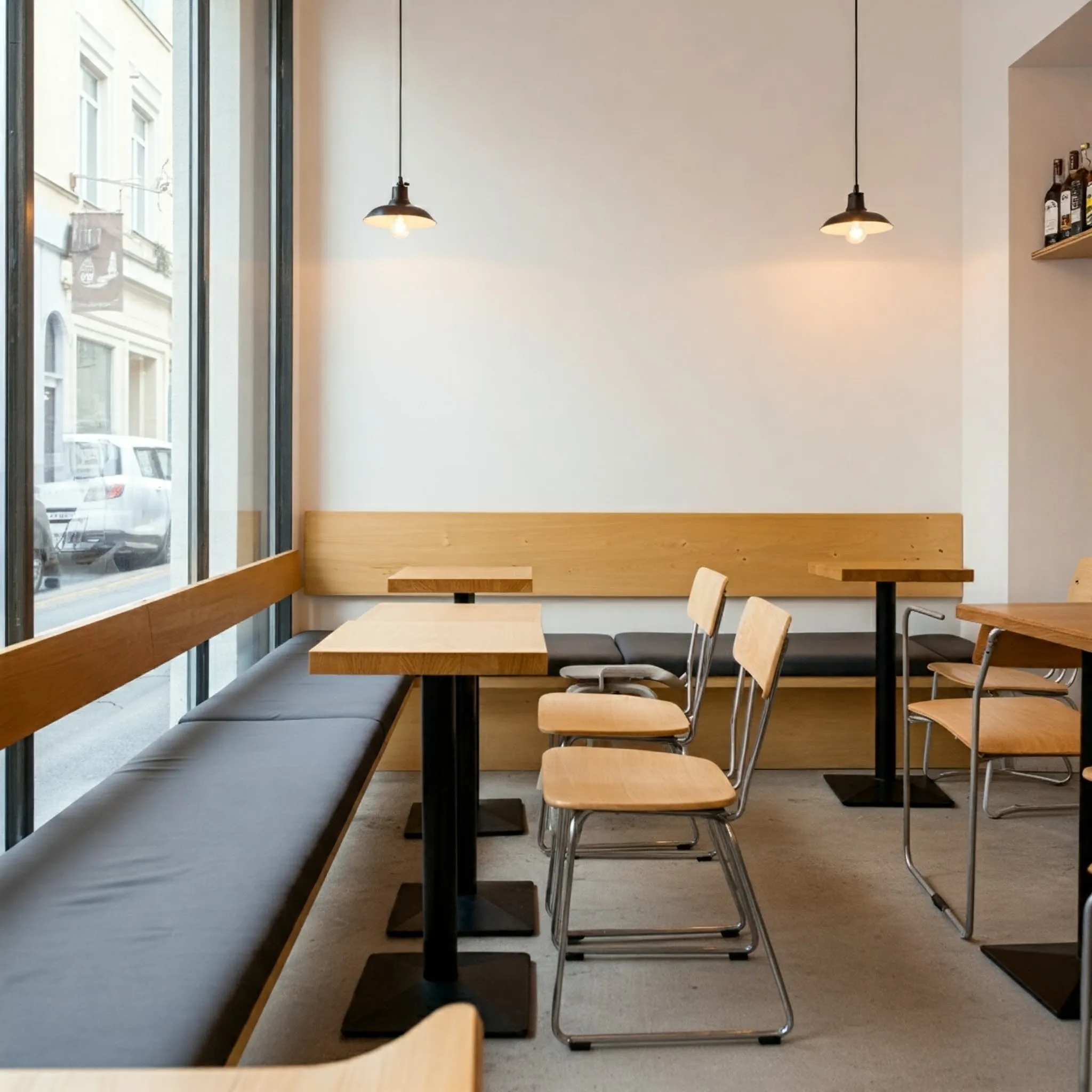 Không gian quán cafe sân vườn đơn giản với cây xanh và ánh sáng tự nhiên.