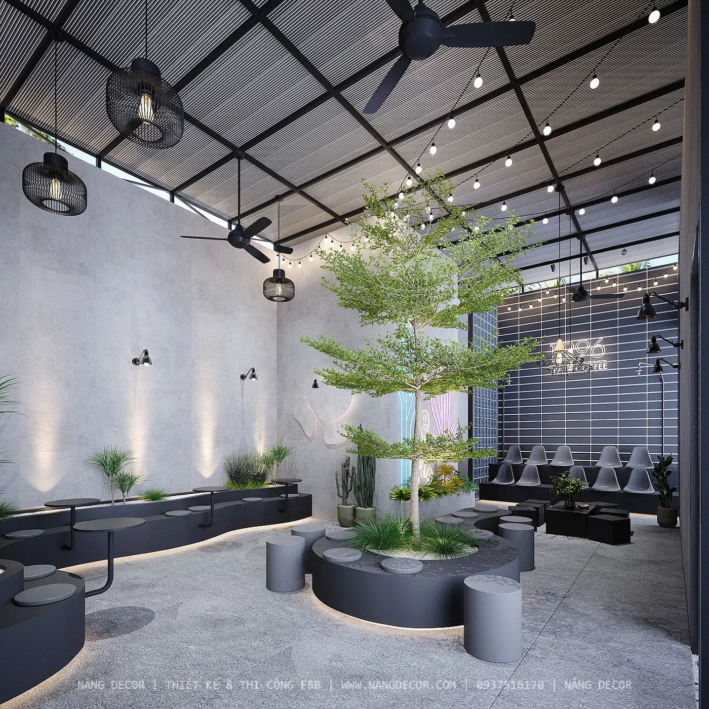 Quầy bar của một mẫu quán cà phê hiện đại với vật liệu gỗ và kim loại tinh tế.