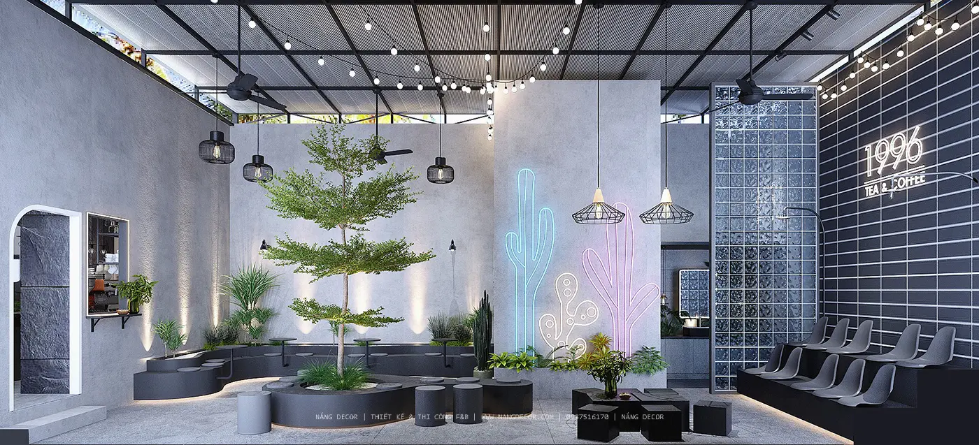 Thiết kế quán cafe vỉa hè nhỏ với nhiều cây xanh tạo không gian thoáng đãng.