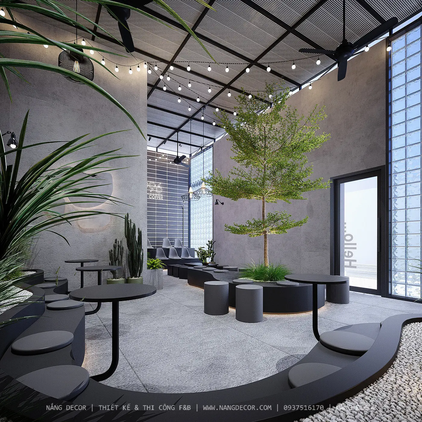 Quầy bar được thiết kế tối ưu công năng cho nhân viên pha chế trong một quán cafe.
