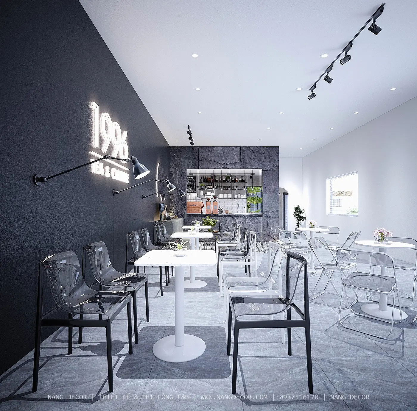 Thiết kế quán cafe hiện đại với không gian mở và tường kính lớn.