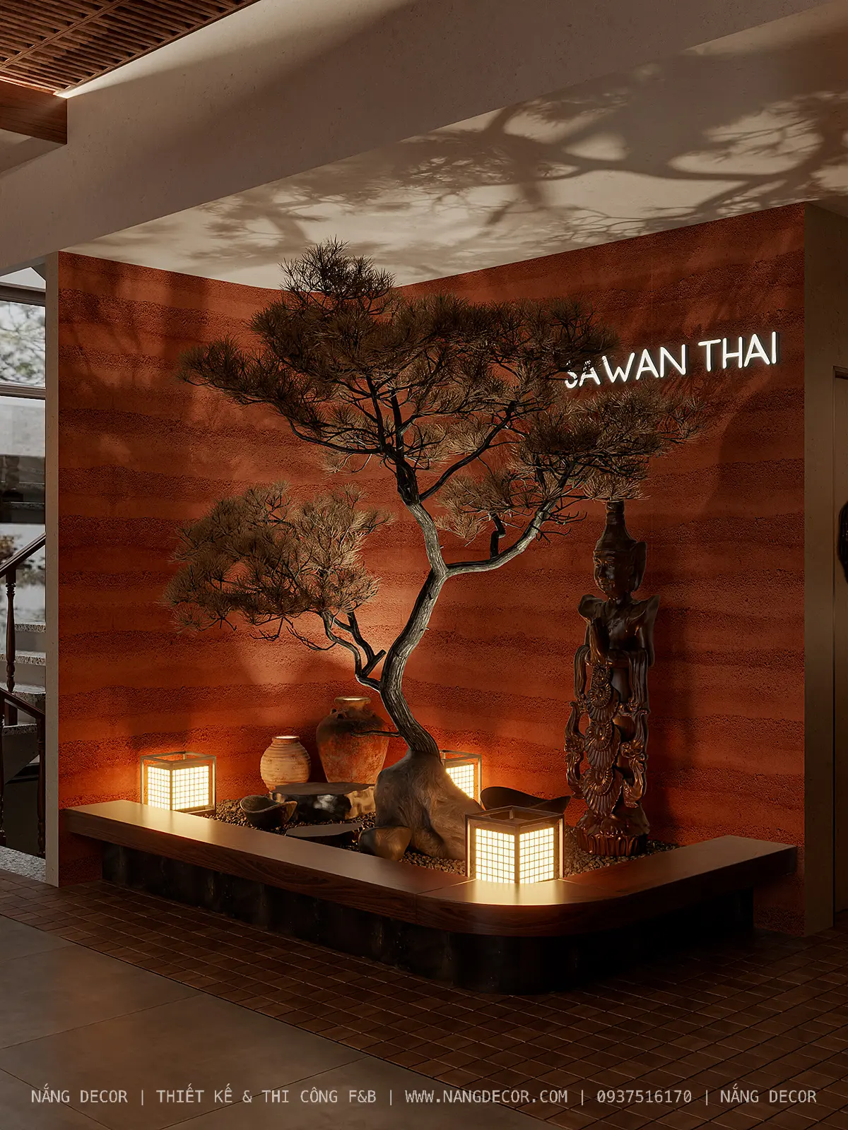 Thiết kế nhà hàng xanh mát với nhiều cây cảnh và khu vực bàn ăn linh hoạt