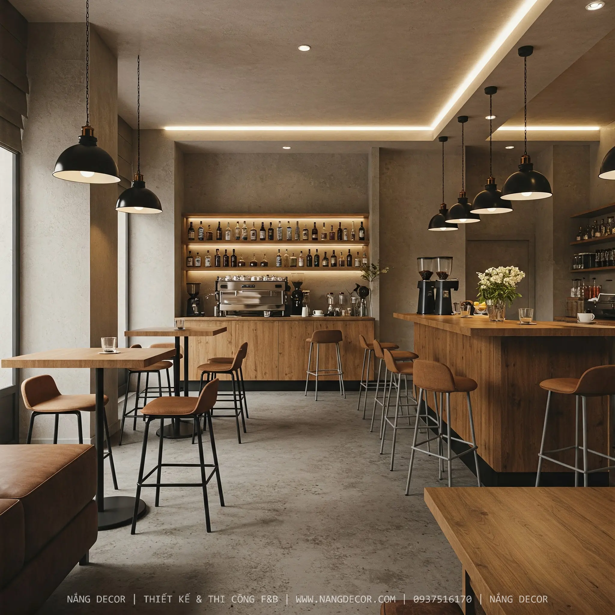 Chi tiết trang trí cây xanh trong mẫu quán cafe sân vườn đẹp.