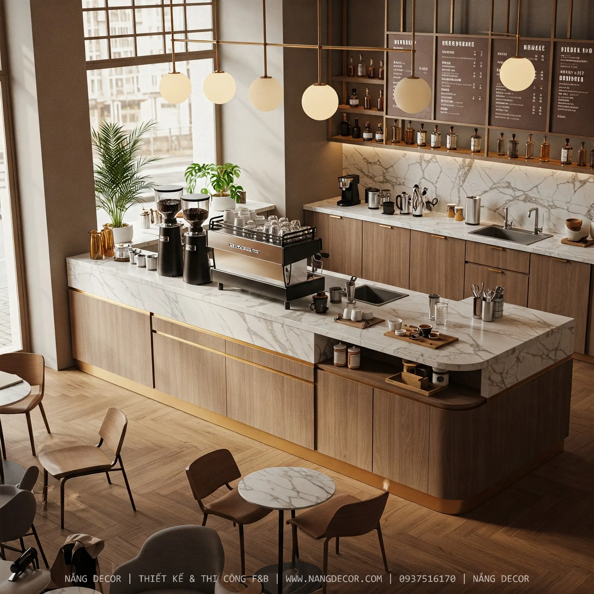 Mẫu thiết kế quán cafe nhỏ đẹp, tận dụng ánh sáng tự nhiên.