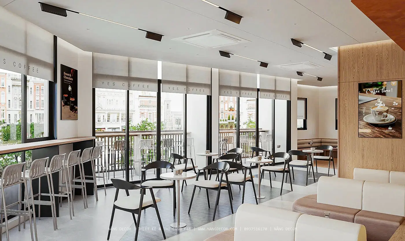 Mẫu quán cafe đơn giản với không gian mở và nội thất gỗ