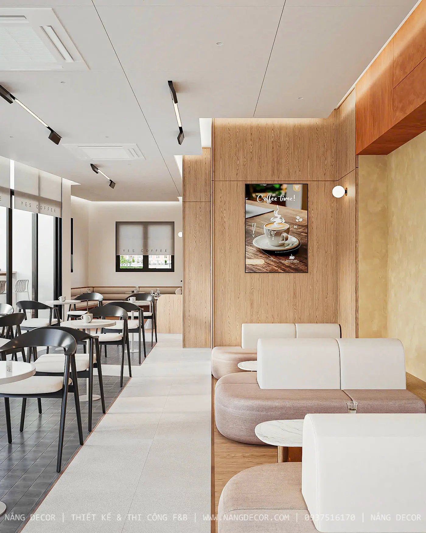 mẫu thiết kế quán cafe nhỏ phong cách tối giản với nội thất gỗ sáng màu